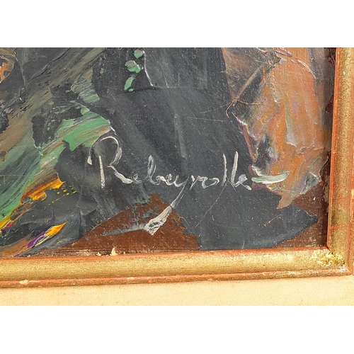 2383 - Abstract composition, oil onto board, bearing an indistinct signature Rebeyoibe ? , framed, 64cm x 5... 