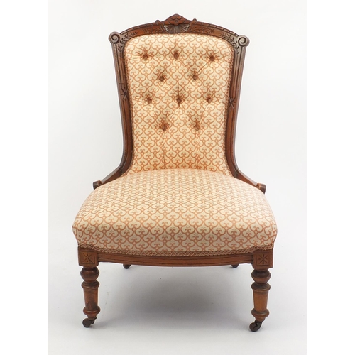 2059 - Edwardian walnut ladies chair with stylised orange and cream button back upholstery, 86cm high