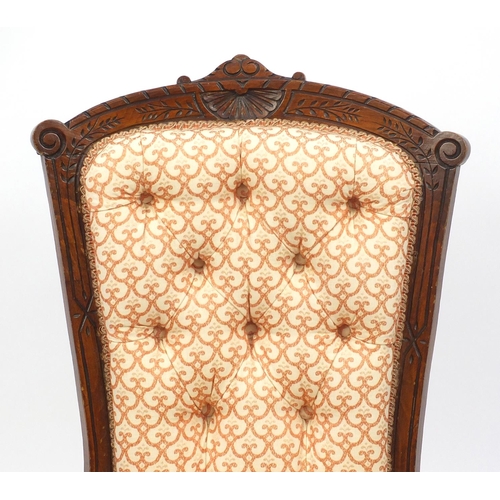 2059 - Edwardian walnut ladies chair with stylised orange and cream button back upholstery, 86cm high