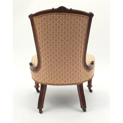 2059 - Edwardian walnut ladies chair with stylised orange and cream button back upholstery, 86cm high