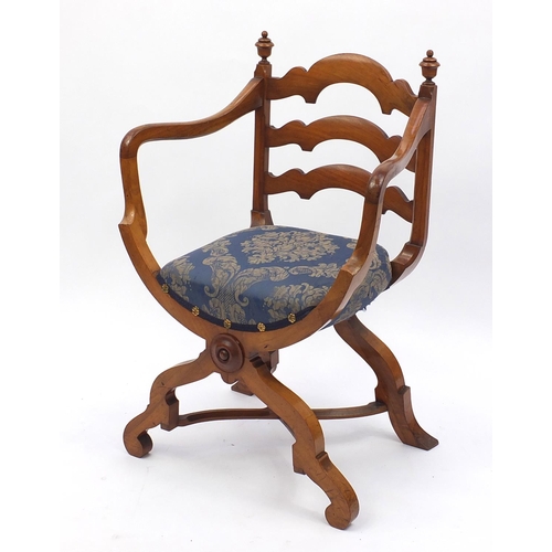 2028 - Walnut x framed chair with ladder back and floral upholstered stuff over seat, impressed Alnwick T R... 