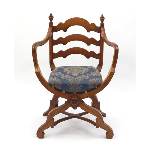 2028 - Walnut x framed chair with ladder back and floral upholstered stuff over seat, impressed Alnwick T R... 