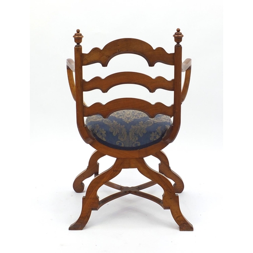 2028 - Walnut x framed chair with ladder back and floral upholstered stuff over seat, impressed Alnwick T R... 