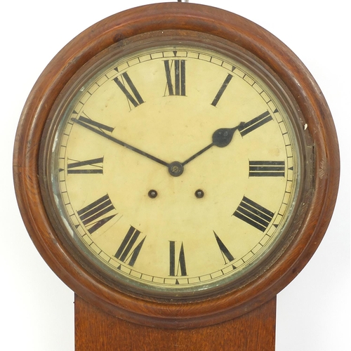 2037 - Victorian oak drop dial wall clock with Roman numerals, 57cm high