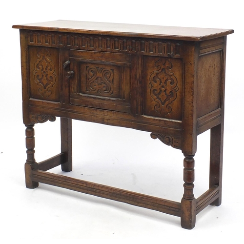 2044 - Ipswich oak side cabinet with carved decoration, 76cm H x 92cm W x 33.5cm D