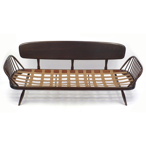2041 - Ercol elm day bed with removable cushions, 77cm H x 210cm W x 75cm D