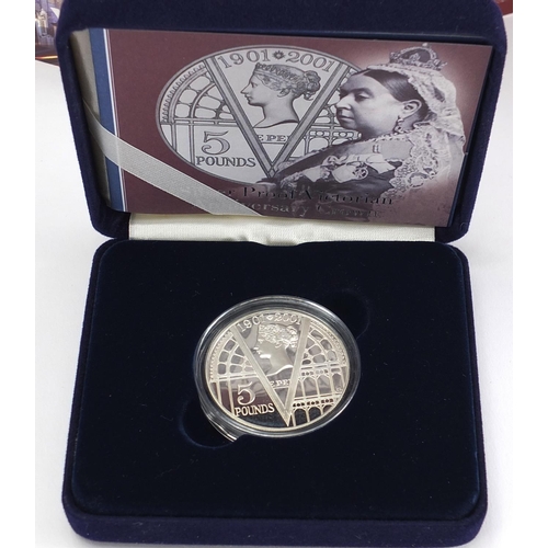 2452 - Five proof coins including a silver proof Victorian anniversary crown and a Millennium silver proof ... 