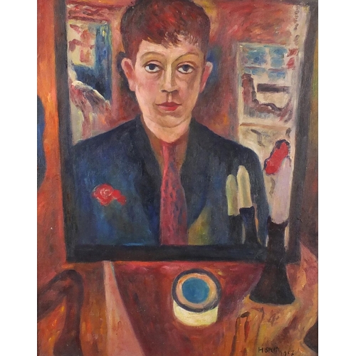 2381 - Portrait of a man in a mirror, modern British oil onto board, bearing a signature H Speed, label ver... 