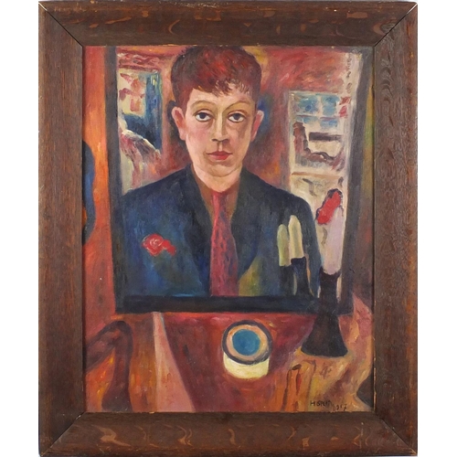 2381 - Portrait of a man in a mirror, modern British oil onto board, bearing a signature H Speed, label ver... 