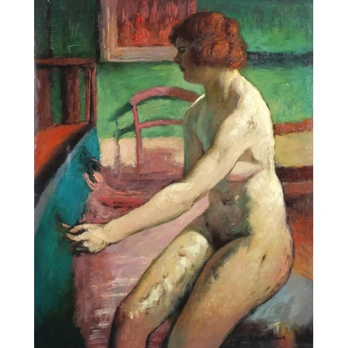 2385 - Seated nude female in an interior, French impressionist oil onto canvas, bearing a signature E De La... 