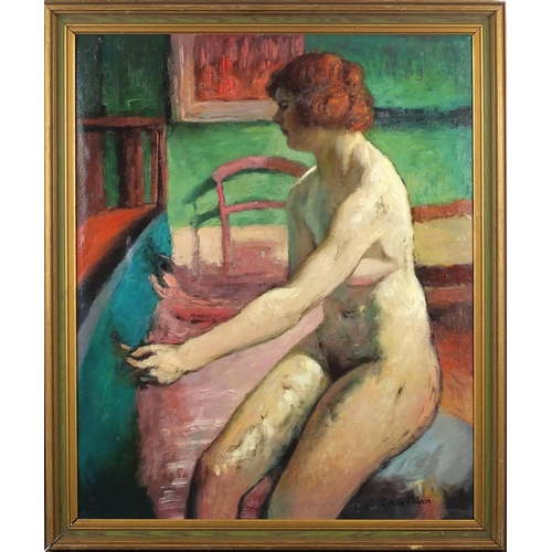 2385 - Seated nude female in an interior, French impressionist oil onto canvas, bearing a signature E De La... 