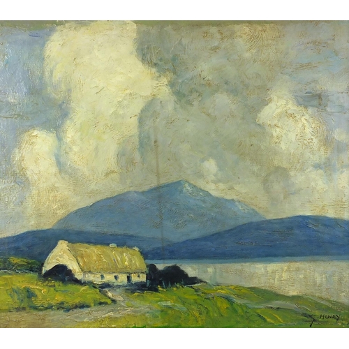 2405 - Cottage before mountains, Irish school oil onto canvas, bearing a signature G Henry, 49cm x 43cm