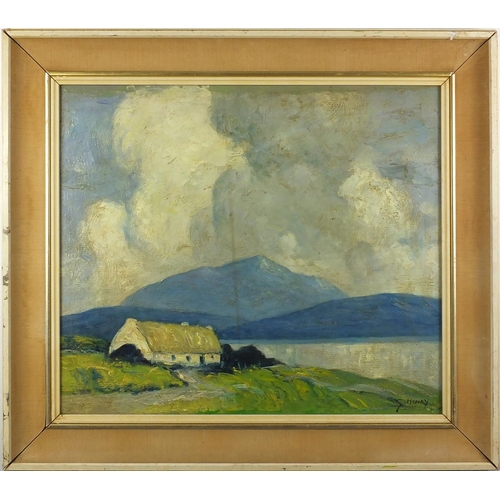 2405 - Cottage before mountains, Irish school oil onto canvas, bearing a signature G Henry, 49cm x 43cm