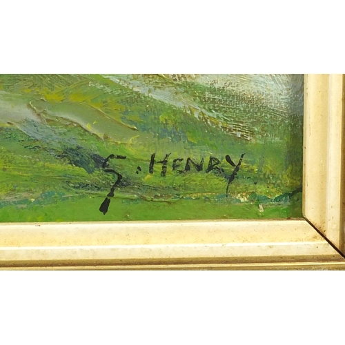 2405 - Cottage before mountains, Irish school oil onto canvas, bearing a signature G Henry, 49cm x 43cm