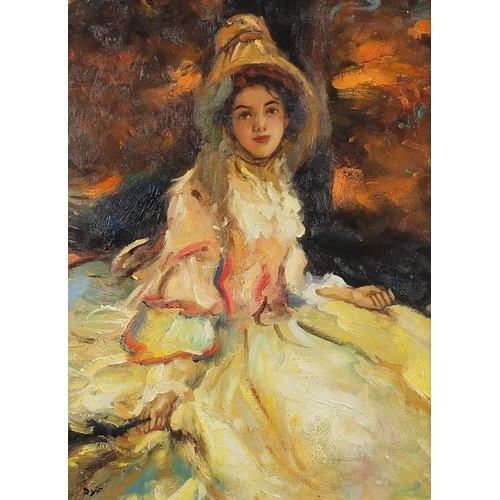 2406 - Portrait of a seated female wearing a long dress, French impressionist, oil onto board, bearing a mo... 