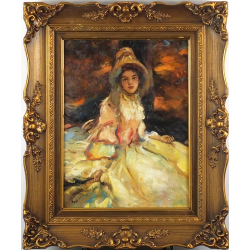 2406 - Portrait of a seated female wearing a long dress, French impressionist, oil onto board, bearing a mo... 