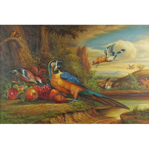 2401 - After Tobias Stranover - Parrot with fruit and other birds, oil onto canvas, framed, 90cm x 60cm