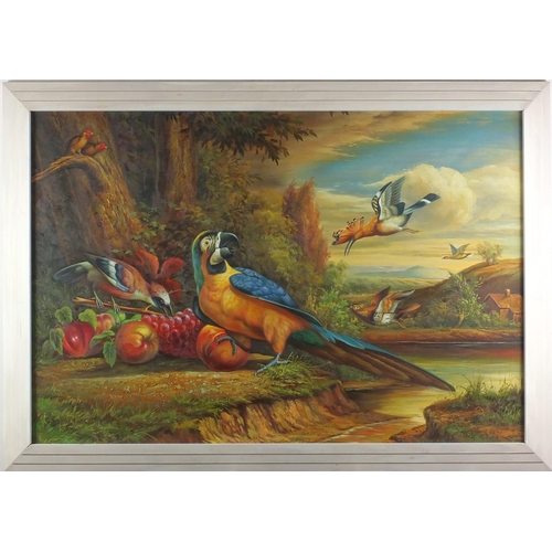 2401 - After Tobias Stranover - Parrot with fruit and other birds, oil onto canvas, framed, 90cm x 60cm