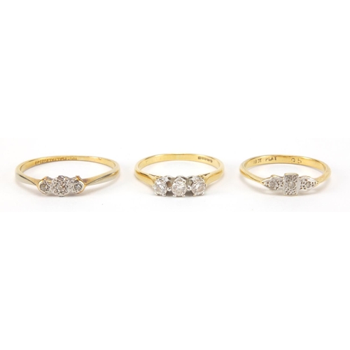 2521 - Three 18ct gold diamond rings, sizes L, M and S, approximate weight 5.8g