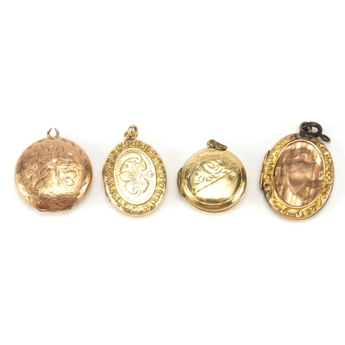 2602 - Four 9ct gold back and front lockets, the largest 2.8cm in length, approximate weight 11.0g