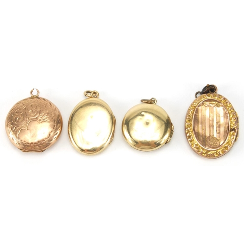 2602 - Four 9ct gold back and front lockets, the largest 2.8cm in length, approximate weight 11.0g