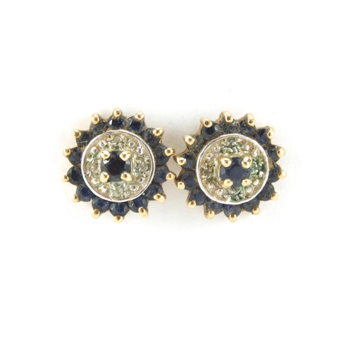 2638 - Pair of 9ct gold sapphire and diamond earrings, 1cm in diameter, approximate weight 1.8g