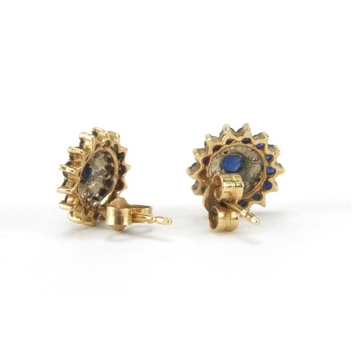 2638 - Pair of 9ct gold sapphire and diamond earrings, 1cm in diameter, approximate weight 1.8g