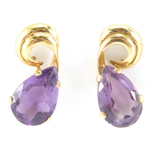 2580 - Pair of 9ct gold amethyst tear drop earrings, 2.7cm in length, approximate weight 7.0g