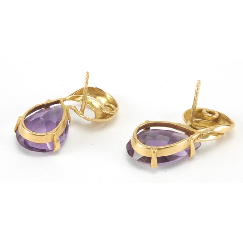 2580 - Pair of 9ct gold amethyst tear drop earrings, 2.7cm in length, approximate weight 7.0g