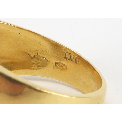 2538 - Stylish gold coloured metal ring set with four rows of clear stones, indistinct marks to the shank, ... 