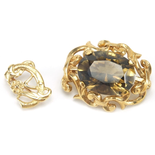 2544 - 9ct gold citrine brooch and one other 9ct gold brooch, the largest 3cm in length, approximate weight... 