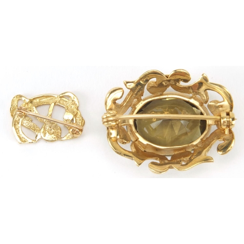 2544 - 9ct gold citrine brooch and one other 9ct gold brooch, the largest 3cm in length, approximate weight... 