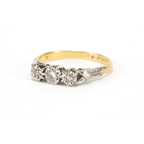 2643 - 18ct gold diamond threes stone ring, size N, approximate weight 3.0g