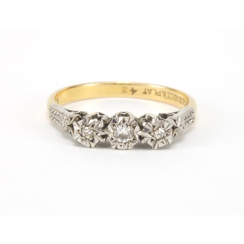 2643 - 18ct gold diamond threes stone ring, size N, approximate weight 3.0g