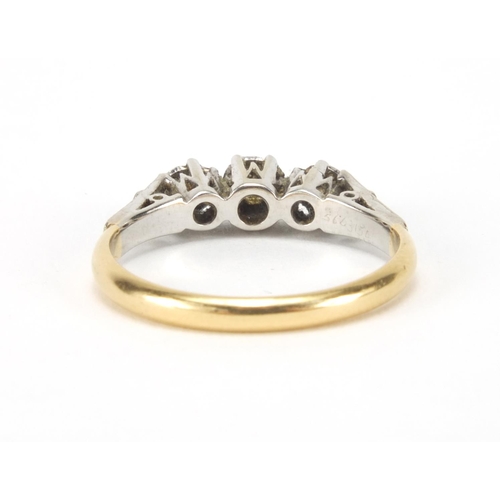 2643 - 18ct gold diamond threes stone ring, size N, approximate weight 3.0g