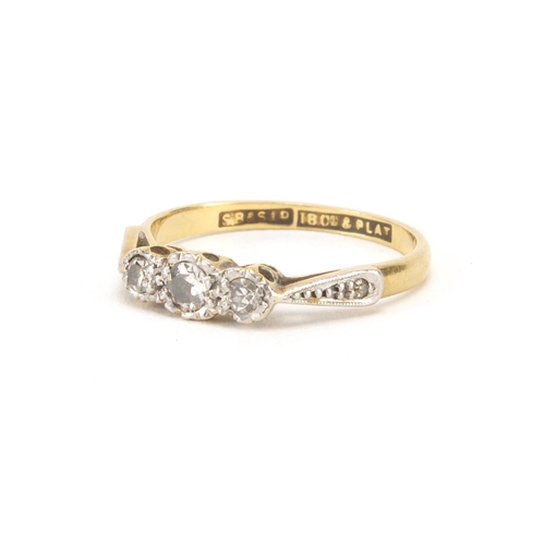 2641 - 18ct gold diamond three stone ring, size J, approximate weight 2.0g