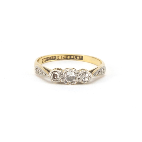 2641 - 18ct gold diamond three stone ring, size J, approximate weight 2.0g