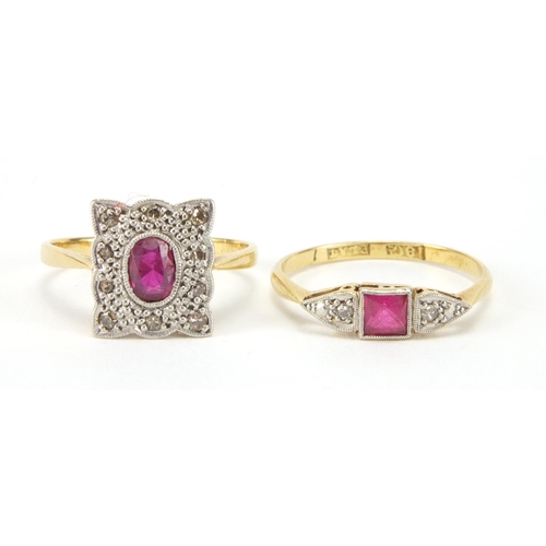 2562 - Two 18ct gold and ruby and diamond rings, sizes J and L, approximate weight 4.3g