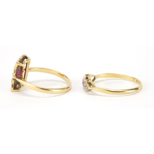 2562 - Two 18ct gold and ruby and diamond rings, sizes J and L, approximate weight 4.3g