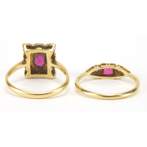 2562 - Two 18ct gold and ruby and diamond rings, sizes J and L, approximate weight 4.3g