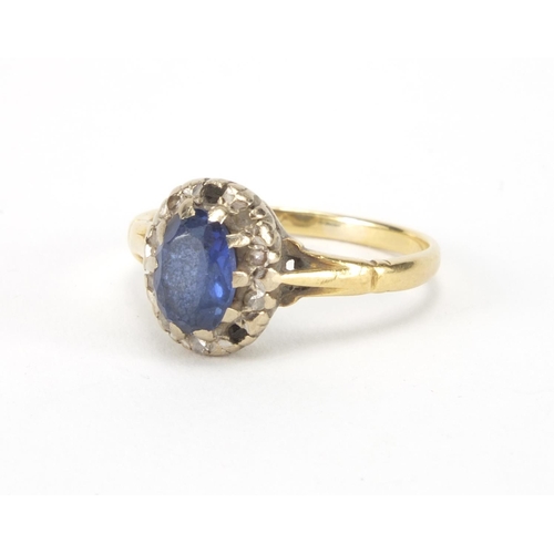 2631 - Unmarked gold sapphire and diamond ring, size I, approximate weight 2.8g