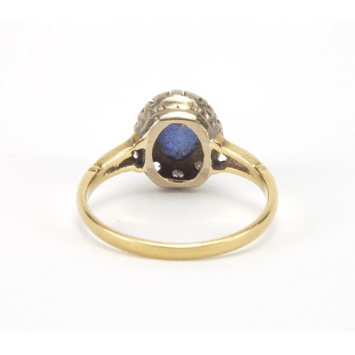 2631 - Unmarked gold sapphire and diamond ring, size I, approximate weight 2.8g