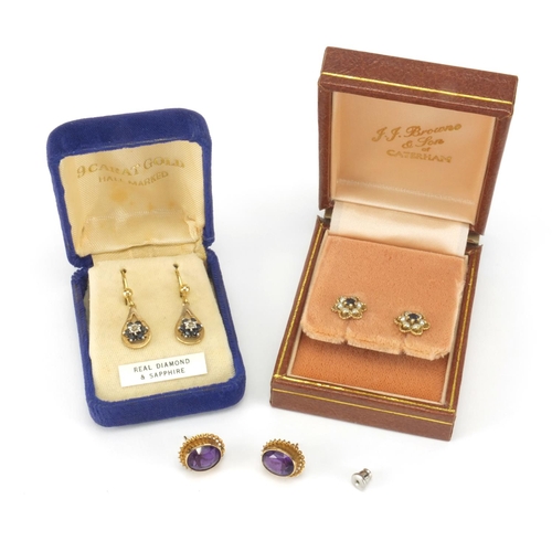 2669 - Three pairs of 9ct gold earrings set with assorted stones