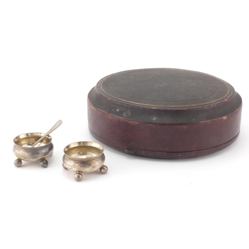 2435 - Marshall & Sons jewellers Edinburgh, tooled leather four piece salt case housing a pair of Victorian... 