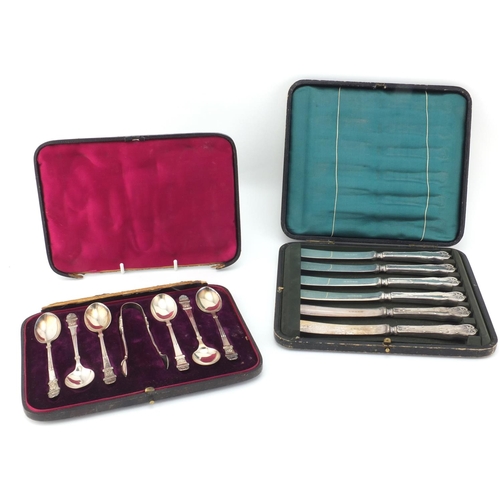 2429 - Set of six Victorian silver tea spoons and sugar tongs, together with a set of six silver handled bu... 