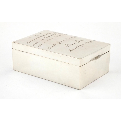 2418 - 800 grade silver cigar box with inscription to the hinged lid, 13.5cm in length, approximate weight ... 