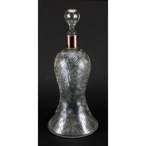 2417 - Victorian glass decanter with silver collar, the body engraved with fruiting vines, Birmingham 1899,... 