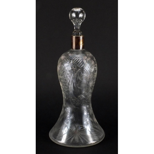 2417 - Victorian glass decanter with silver collar, the body engraved with fruiting vines, Birmingham 1899,... 