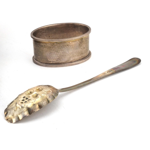 2428 - Silver items, Georgian berry spoon, oval napkin ring and a set of six coffee bean spoons, various ha... 