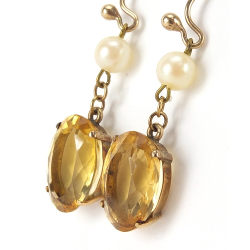 2560 - Pair of gold coloured metal citrine and simulated pearl earrings, 4cm in length, approximate weight ... 